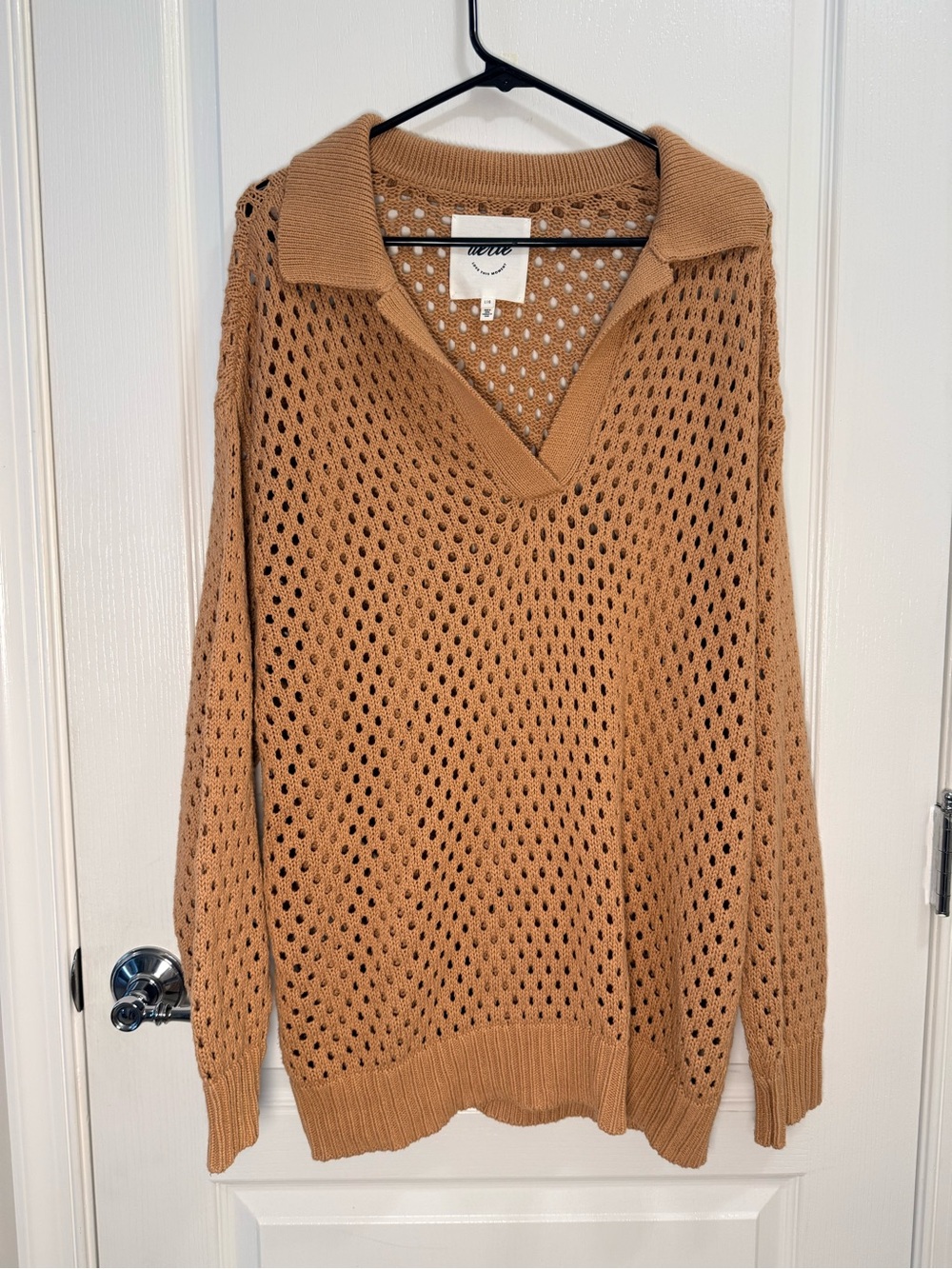 Aerie Oversized Open Knit Polo Sweater Camel Tan 100% Cotton L